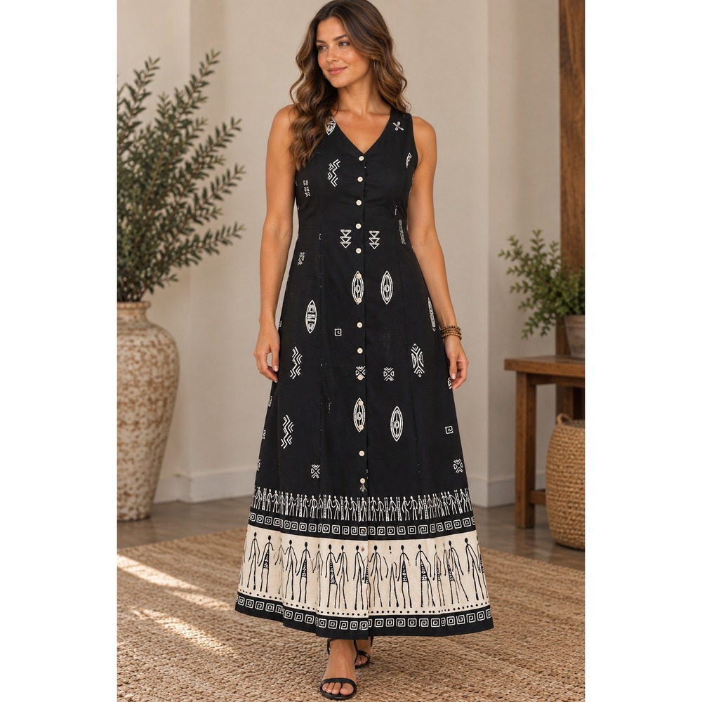 R&K Originals Women Black White Tribal Print Button Front Maxi Dress 14 Safari